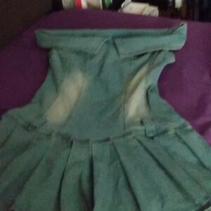 Denim on or off shoulder dress with pleated hem, distressed